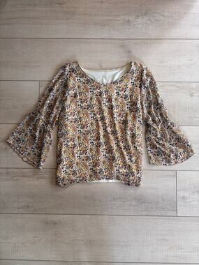 Silverwear Women’s Paisley Bell Sleeve Boho Blouse Top Size L V-Neck Lined